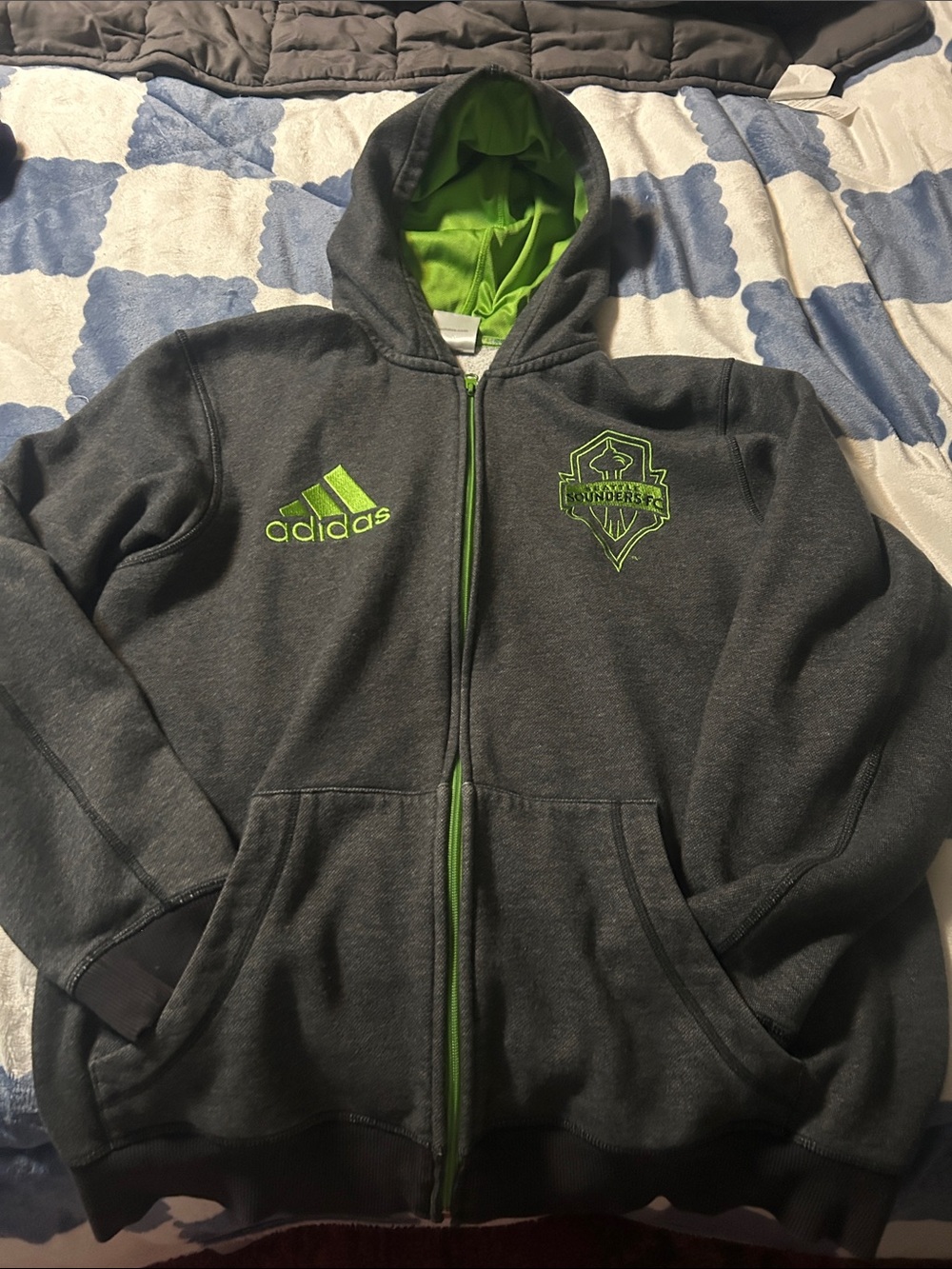adidas Kids Charcoal Gray & Neon Green Full-Zip Hoodie